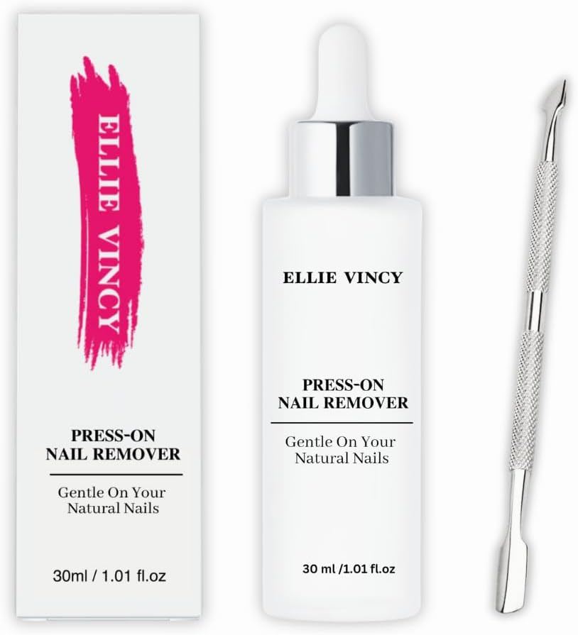 Ellie Vincy Press-On Nail Glue Remover & Cuticle Pusher | Gentle, Odor-Free, Acetone-Free Formula | 30Ml / 1.01 Fl. Oz | Easy Nail Removal with Stainless Steel Tool