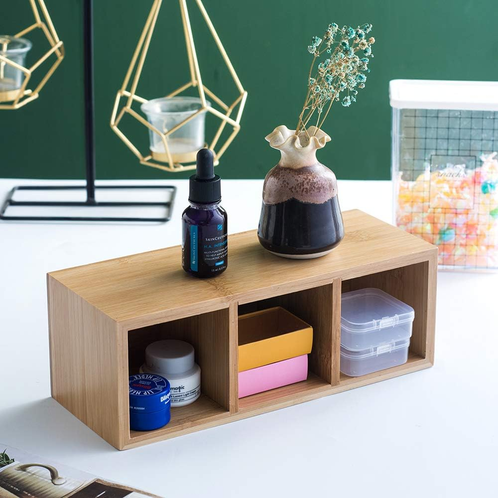 YOSCO Bamboo Wood Pens Pencils Holder Cup for Desk Remote Control Holder, Caddy,Organizer,Desktop Storage with 3 Compartments,Makeup Brush Holder,Silverware Caddy for Party,Office Supplies (3 Grid) image number 1