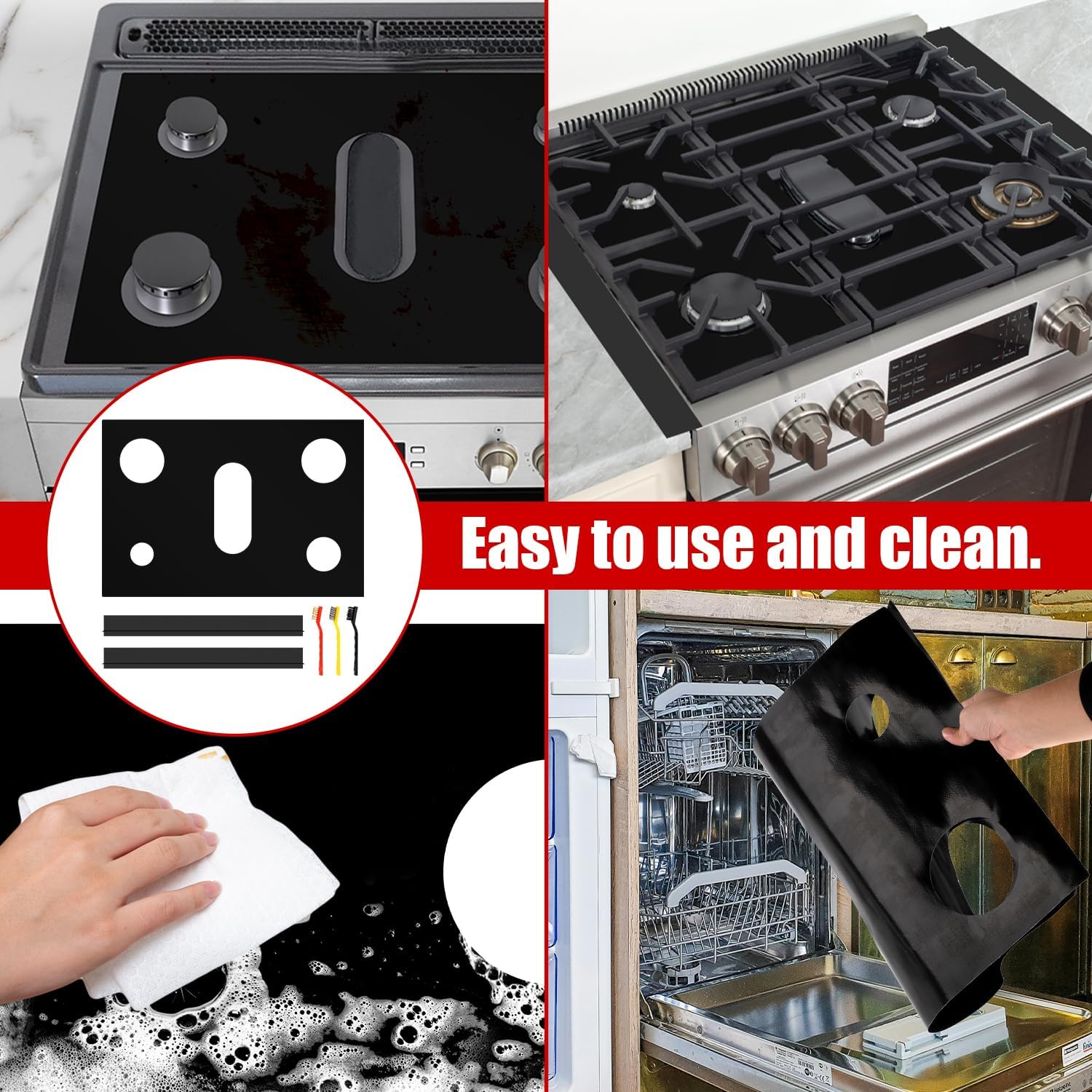 Stove Cover, with 2Pcs Stove Gap Covers & 3Pcs Cleaning Brushes Reusable Gas Top Liner Stove Protector Mat for Samsung Gas Stove, Non-Stick Stove Liners for Gas Burners, Easy to Clean image number 6