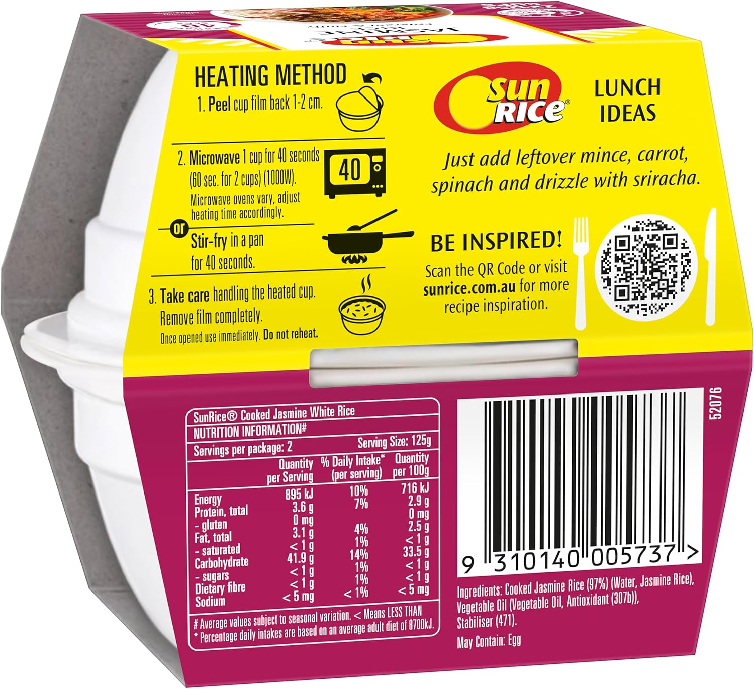 Sunrice Microwave Jasmine Rice Cups 6X 2X125G