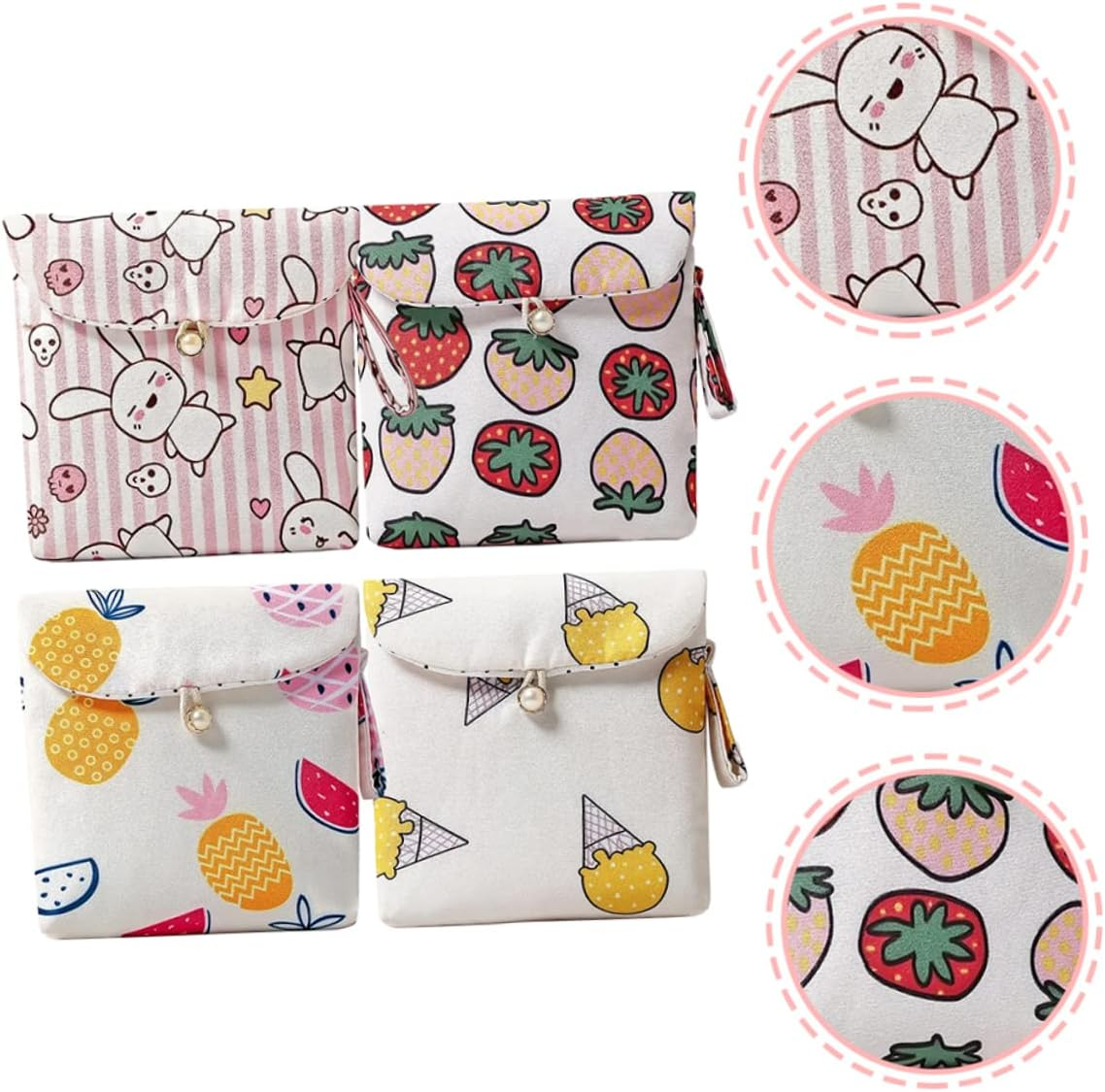 CIYODO 4Pcs Cotton Menstrual Pad Pouch with Button Closure Sanitary Napkin Organizer Bags for School and Travel Decorative Period Bags for Teens and Women image number 3
