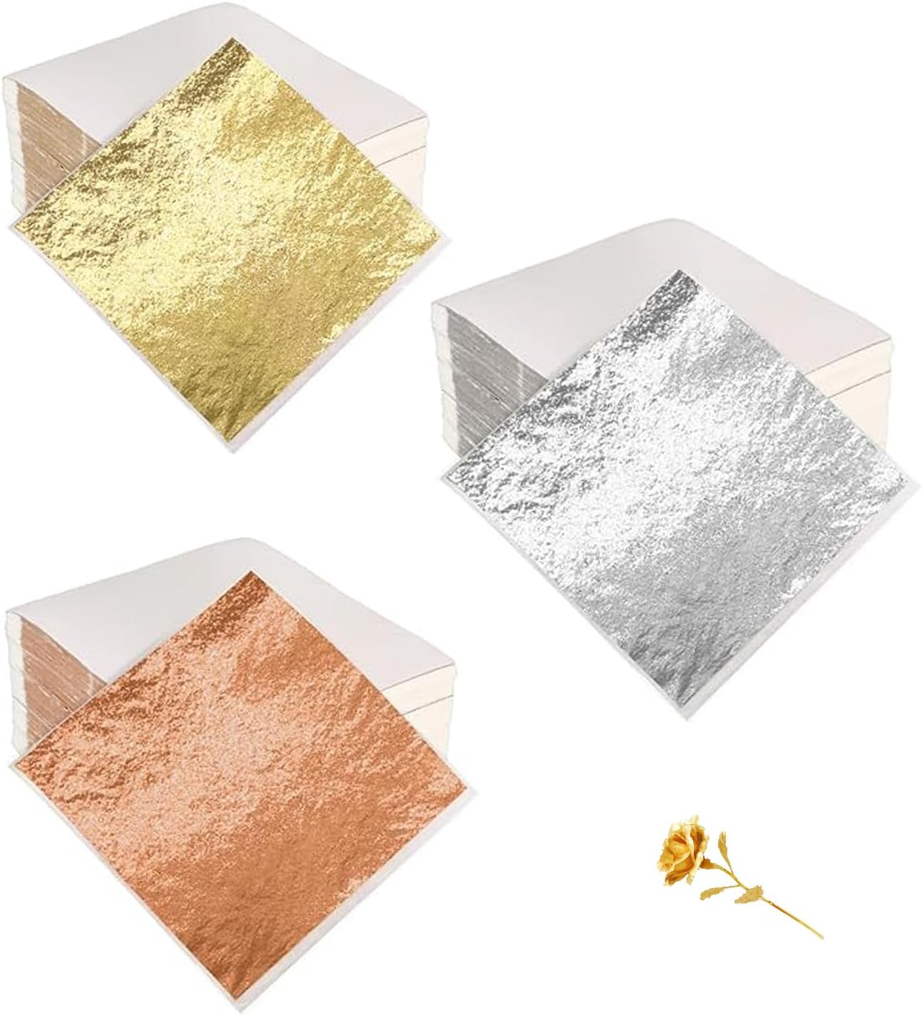 300 Sheets of Imitation Silver Foil Leaf Metallic Decorative Foil,8X8.5Cm Art Stamping Foil Paper,For Painting Gilding,Picture Frames Furniture Decoration,Wall Art,Diy Craft Paper Set (Silver,Gold,Rose Gold）