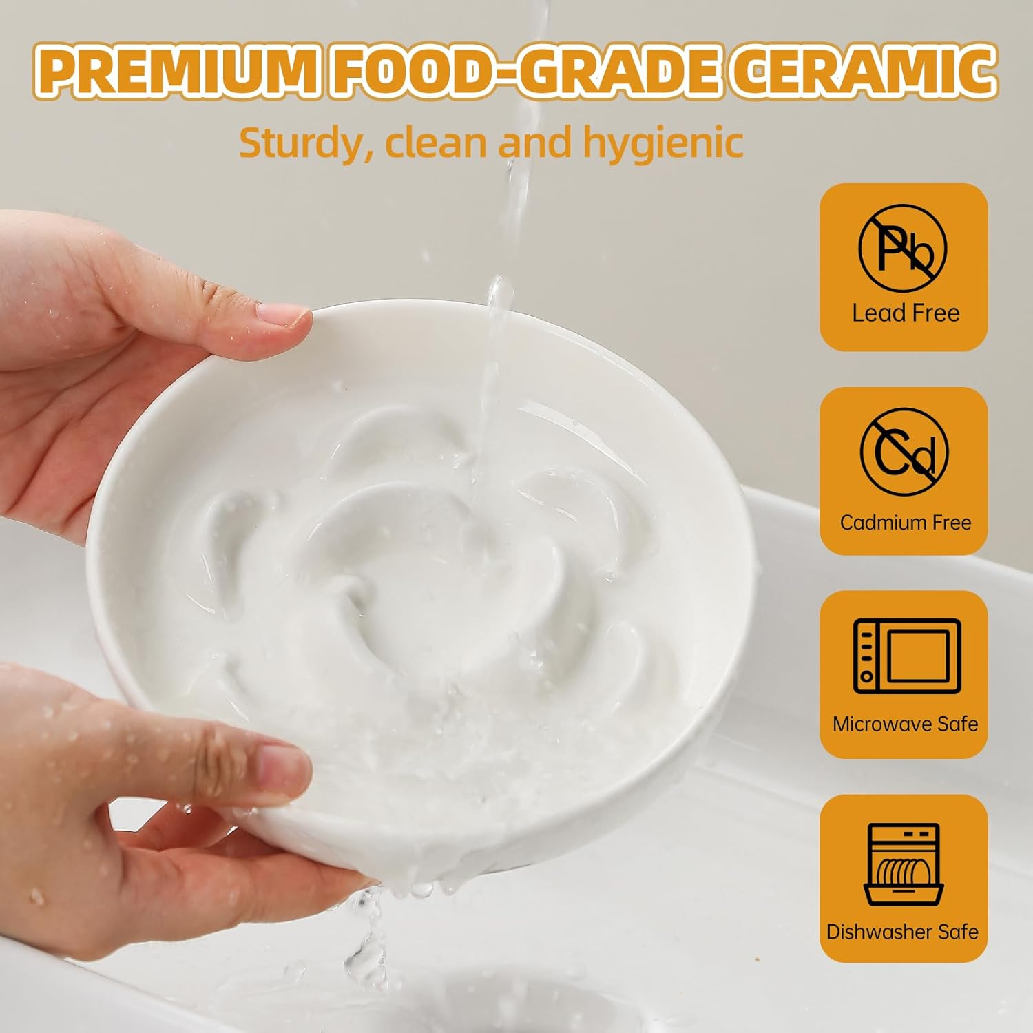 PTOBER Cat Slow Feeder &ndash; Anti-Overeating Cat Bowl with Non-Slip Metal Stand &ndash; Ceramic, Ivory White - Ivory White image number 2