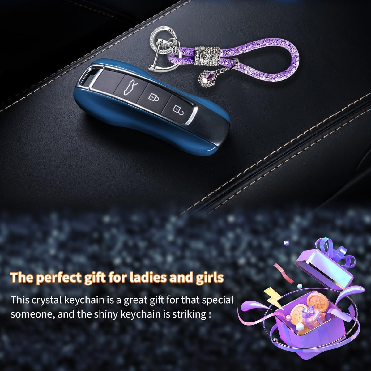 Bling Car Keychain, Glitter Crystal Keychain Ring Strap with D-Ring, Vehicle Key Decor Accessories for Women and Girls (Purple) image number 5