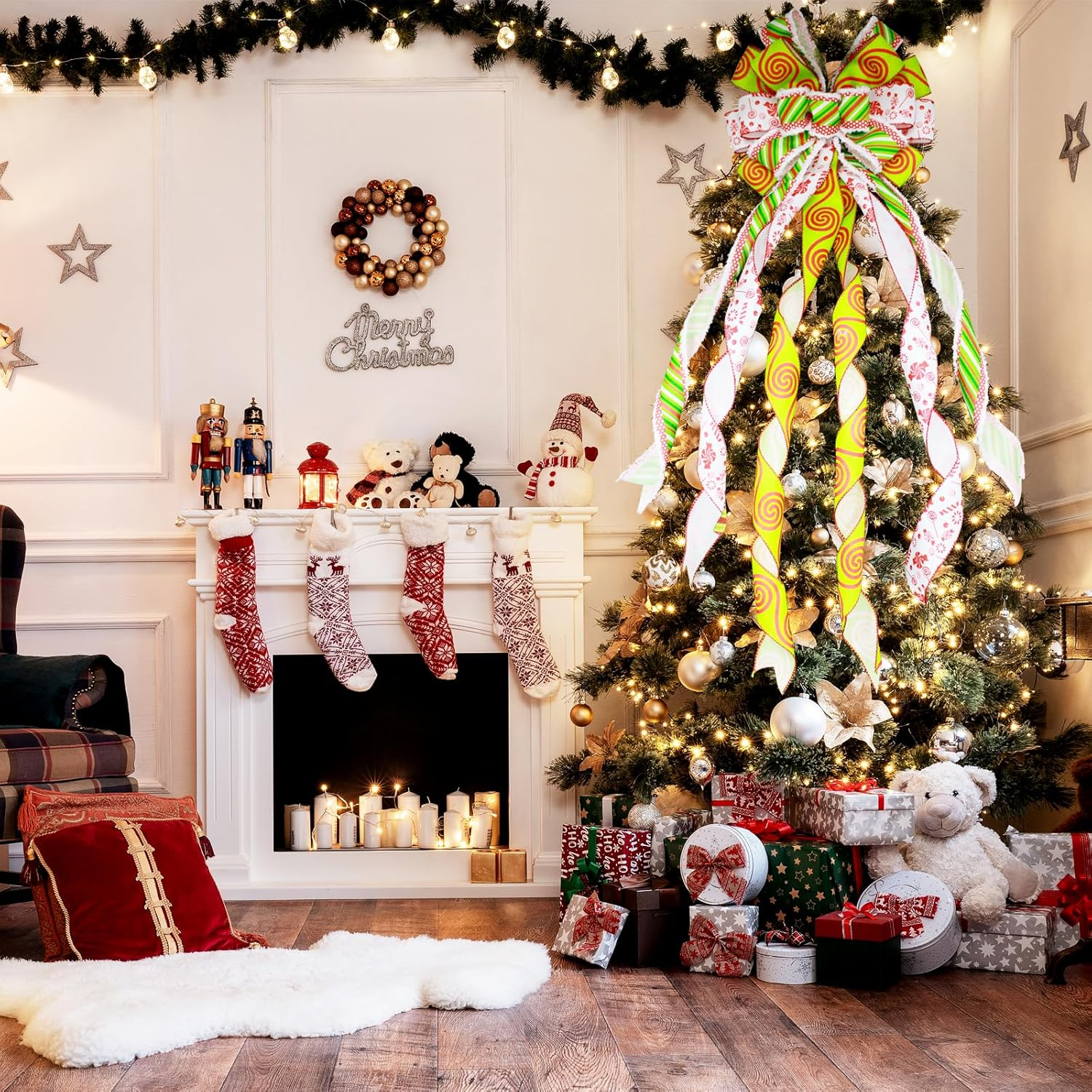 Christmas Tree Topper Large Green Christmas Bow Tree Topper, Candy Green Stripe Swirl Gift Bow for Xmas Tree Handmade Holiday Party Home Wedding Indoor/Outdoor Decorations -13 X 45 Inch