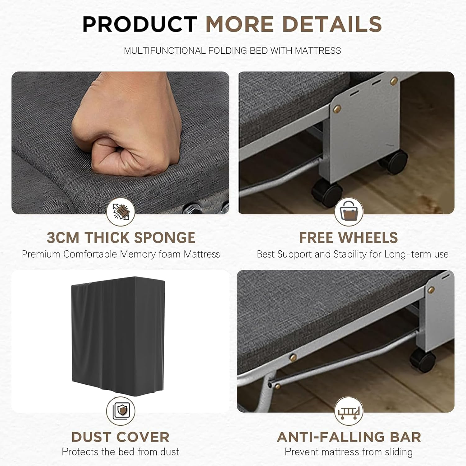 LIODUX 3-Folding Bed with Mattress, Office Portable Foldable Bed, Roll Away Beds Guest Bed on Wheels, with Memory Foam Mattress & Reinforced Frame, Space Saving Office Bed (100 X 180CM)