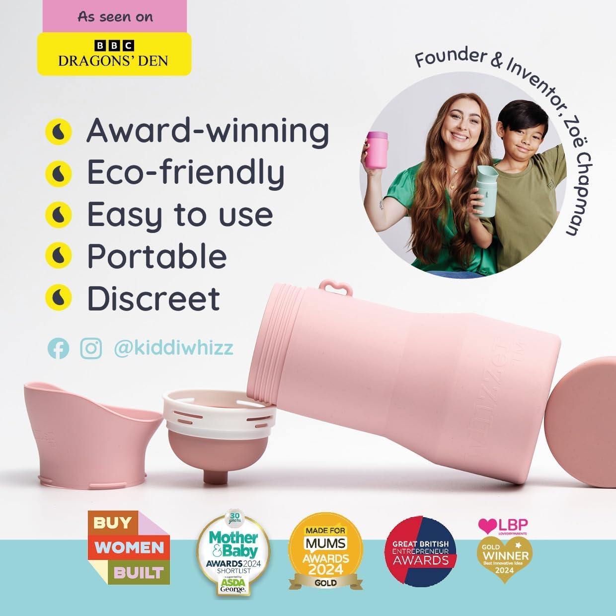 KIDDIWHIZZ Whizzer - Adults & Kids Discreet & Compact Travel Toilet Seen on Dragons Den | Portable & Leak Proof Silicone Pee Bottle - Festival Essentials Camping Toilet