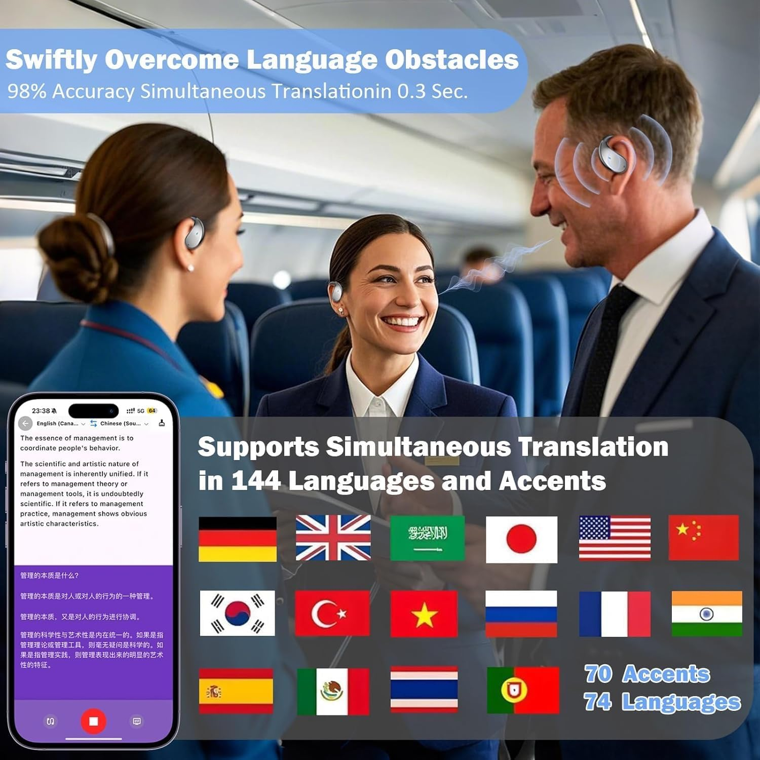 Ki Translator Headphones, Translator Earbuds Translation Headphones Real Time, 3-In-1 Real Time Translator Earphones with 144 Languages, Translation Device for Ios and Android Travel and Business image number 5