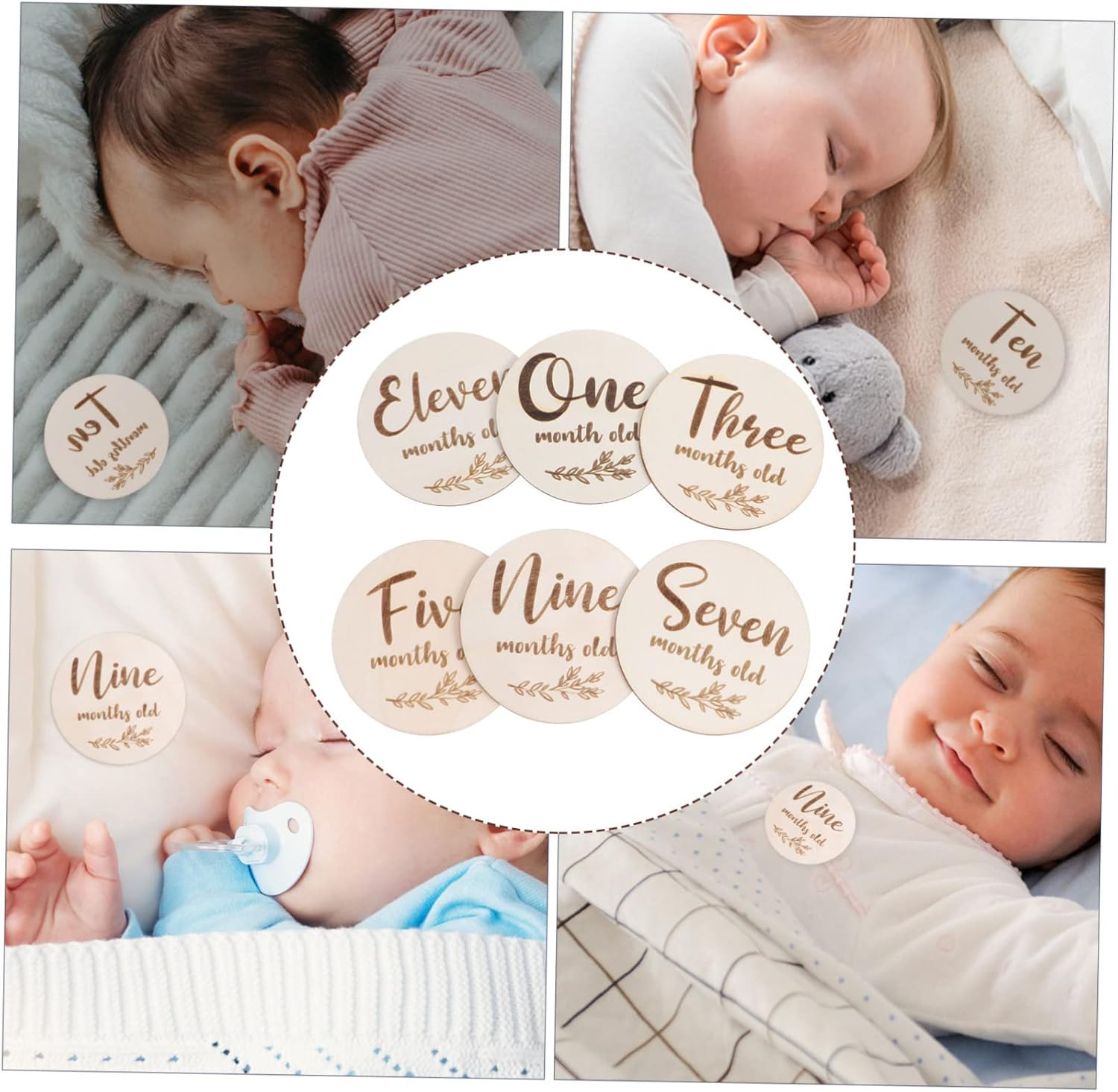 LIFKOME 6Pcs Wooden Cards Natural Monthly Mini Cards for Photography Prop for Newborn