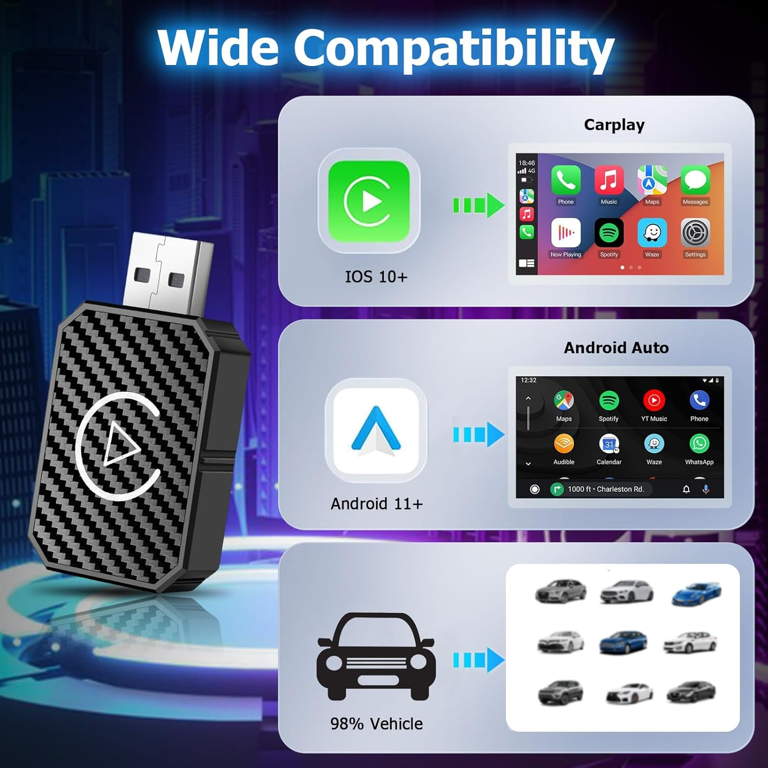 Amtake Wireless Carplay & Android Auto Adapter, Converts Wired to Wireless Carplay Adapter Plug & Play Dongle Compatible with Iphone/Ios 10+/Android 11+, with USB-C