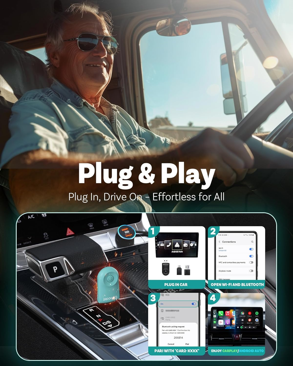 OTTOCAST Mini 2025 Wireless Carplay & Android Auto 2-In-1 Adapter, Plug & Play, 5Ghz Wifi, Auto Connect for Iphone & Android, Fits 98%+ OEM Wired Carplay Cars (Green) image number 3