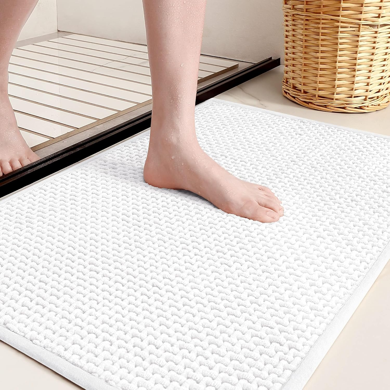 YUTA Chenille Bathroom Mat Rubber Backing Bathroom Rugs Non Slip-Super Absorbent Bath Mats for Bathroom Floor, Shower, Sink, Vanity, 60X90Cm White image number 5
