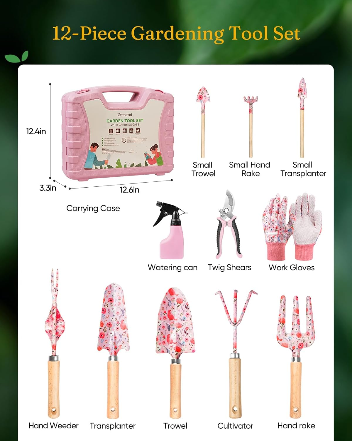 Grenebo 12-Piece Womens Gardening Tools Gift Set, Rust-Proof & Heavy-Duty Garden Tools with Durable Carrying Case, Fashionable & Thoughtful Gardening Gifts for Women&Men (Pink) image number 6