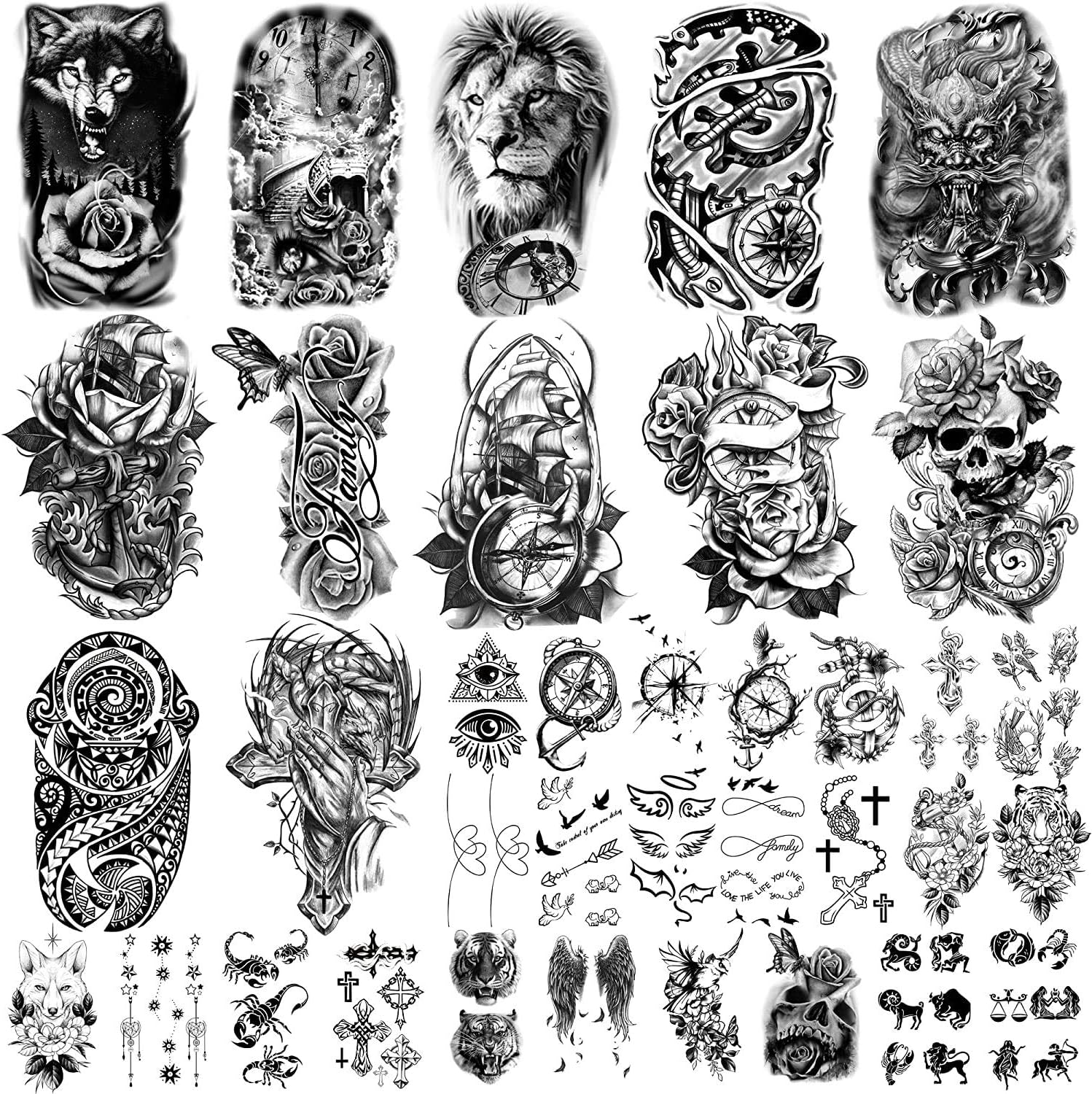 Yazhiji 36 Sheets Temporary Tattoos Stickers, 12 Sheets Fake Body Arm Chest Shoulder Tattoos for Men or Women with 24 Sheets Tiny Black Tattoos image number 1