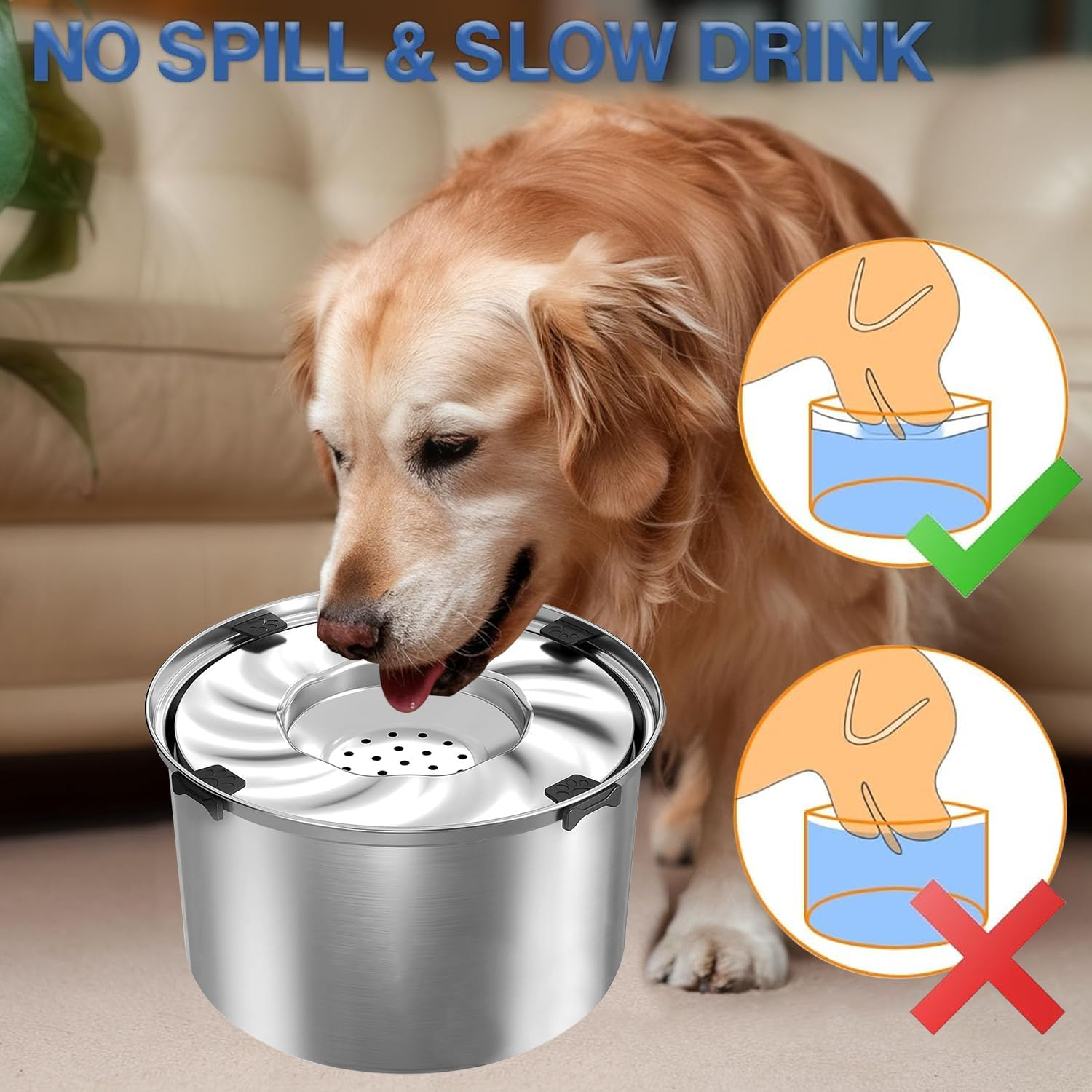 5.6L Stainless Steel Dog Water Bowl,High Capacity No Splash Slow Water Feeder with Floating Tray,Deepening of Drinking Water Trough,Non-Slip Base,Suitable for Large Dogs/Multi Pet Households image number 6