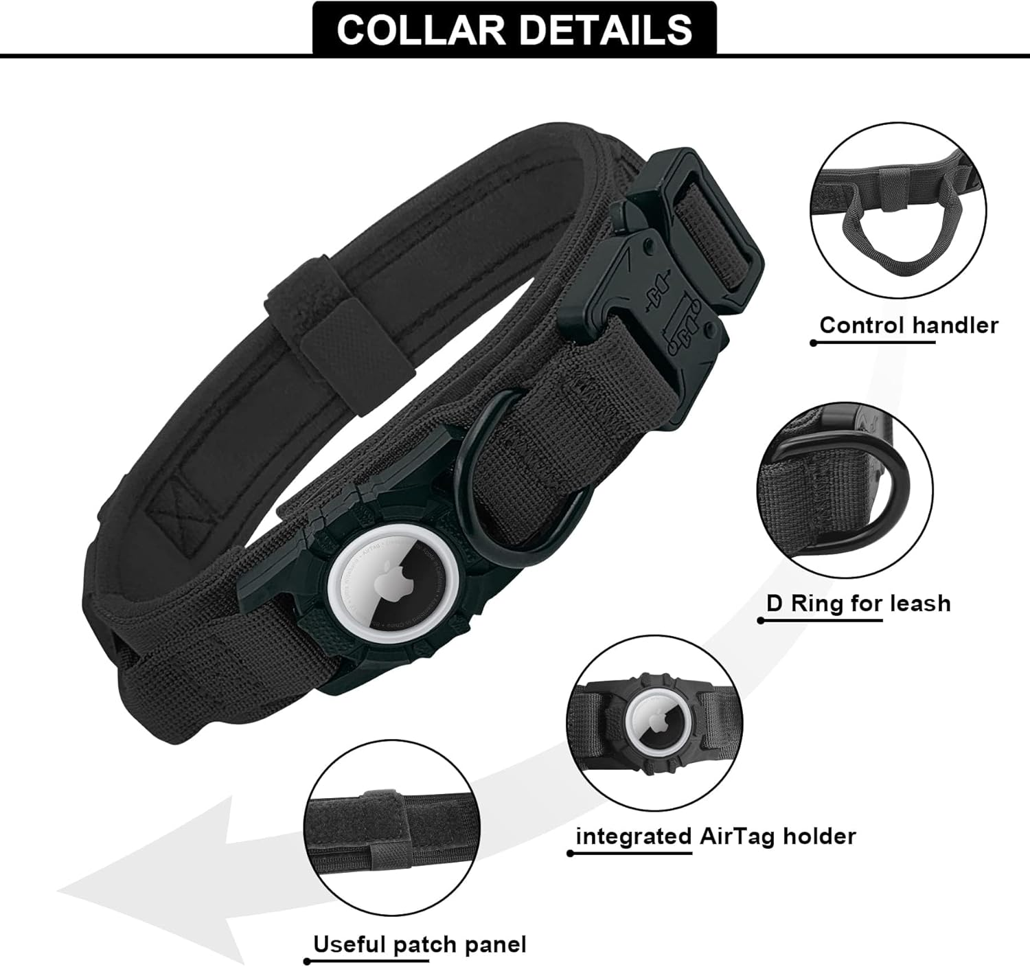 For Airtag Dog Collar - Tactical, Heavy Duty, Adjustable GPS Dog Collar Compatible with Airtag, with Holder & Control Handle for Large Dogs, Double Locking Metal Carabiner [Black, image number 6