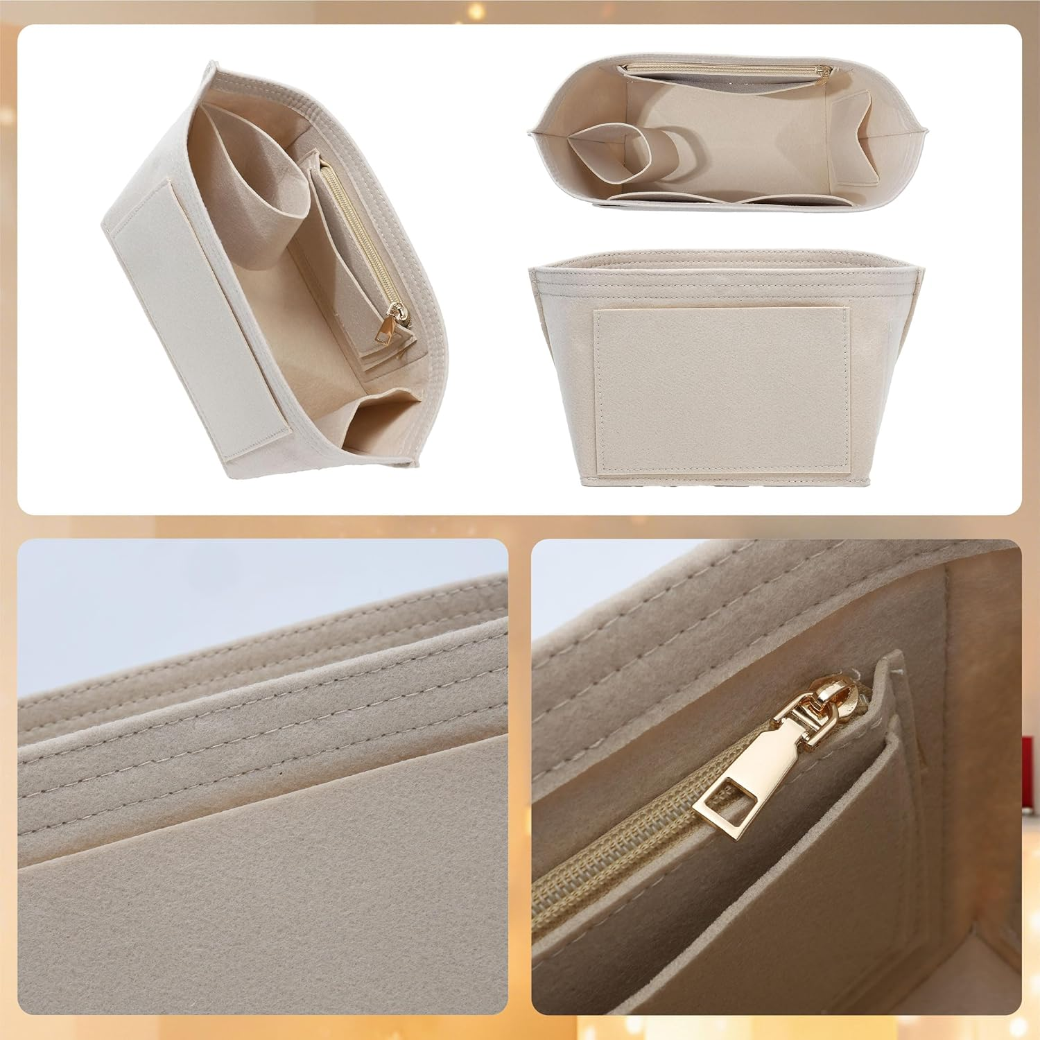 Oaikor Premium Felt Purse Organizer Insert for Longchamp Le Pliage S Handbag,Zipper Small Handbag Organizer with Cup Holder,Bags Storage Divider with 8 Upgraded Deepened Compartments,S/Beige