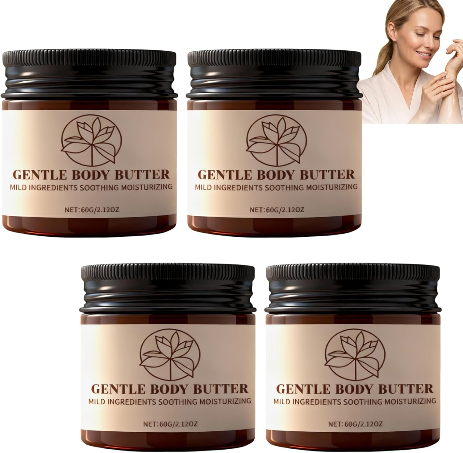 Gentle Body Butter for Dry Skin, Deep Moisturizing Body Cream with Mild Ingredients, Soothing Body Moisturizer for Sensitive Skin, Nourishing Skin Softening Body Butter for Daily Care, 60G (4Pcs)