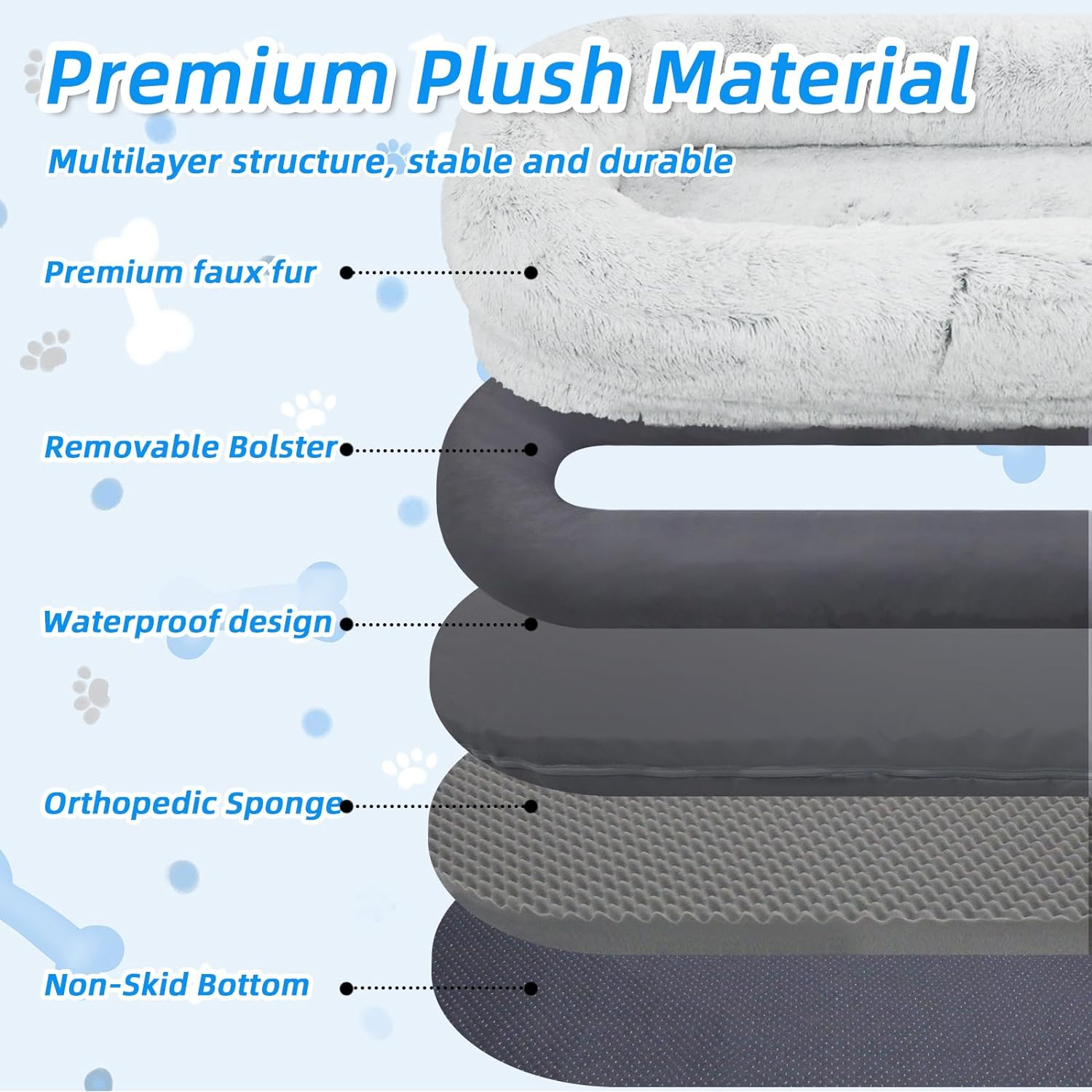 WROS Human Dog Bed, 71''X45''X12'' Size Fits You and Pets, Washable Faux Fur Dog Bed for People Doze Off, Napping Orthopedic Dog Bed, Present Plump Pillow, Blanket, Strap - Grey