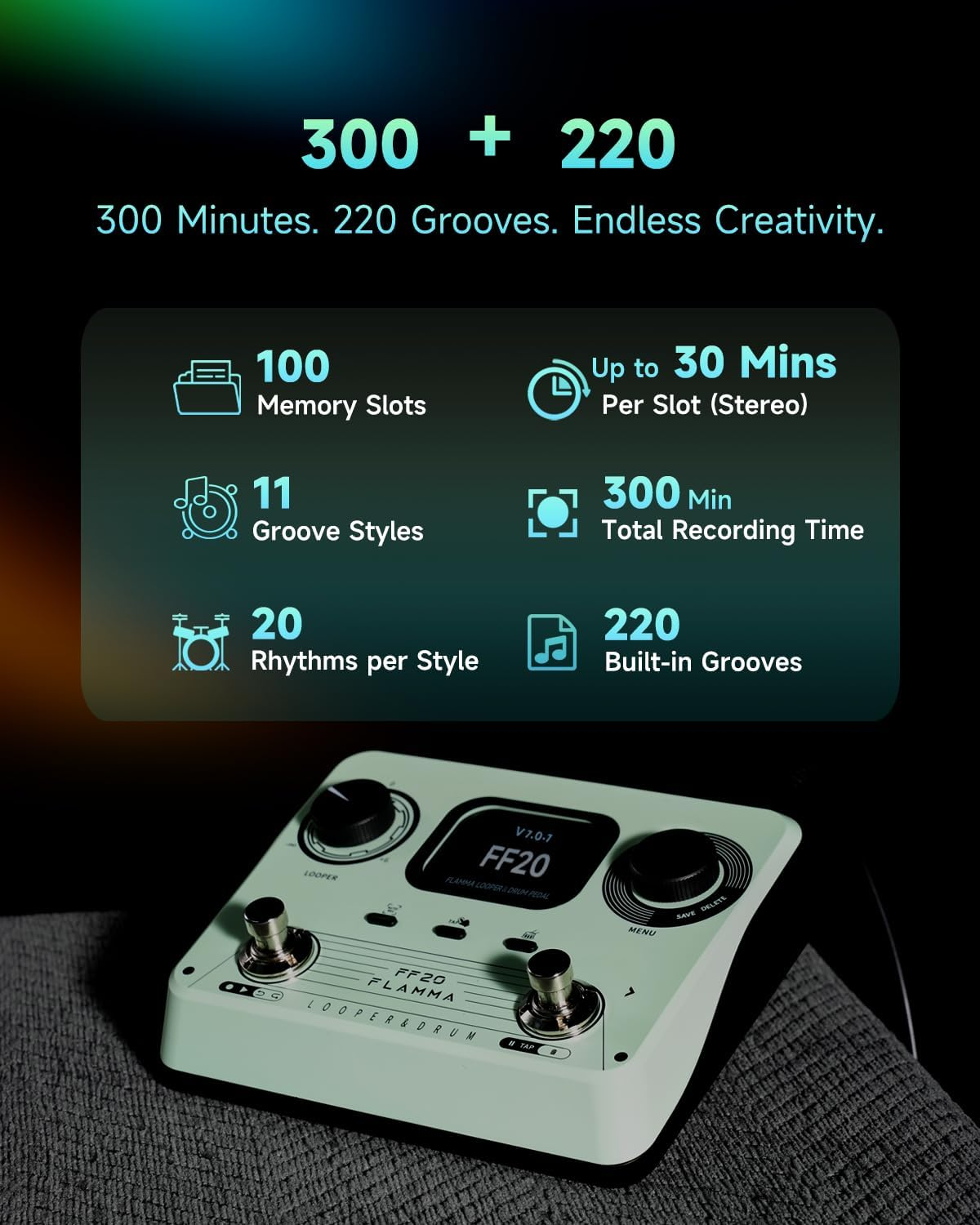 FLAMMA FF20 Looper Pedal Drum Machine, Drum Looper Guitar Pedal with Screen, 300 Min Recording, 220 Drum Grooves, 100 Loop Slots, Time Stretch, Auto Record, USB & Headphone Out, for Guitar and Bass image number 6