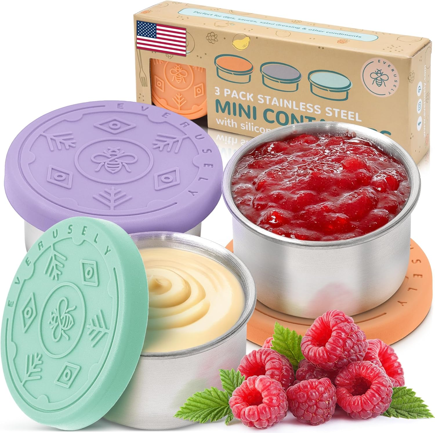 Everusely 3 X 1.7Oz Leakproof Salad Dressing Container to Go, Stainless Steel Small Condiment Containers with Lids, Sauce Containers for Lunch Box, Dressing Cups with Lids, Dip Containers, Sauce Cups