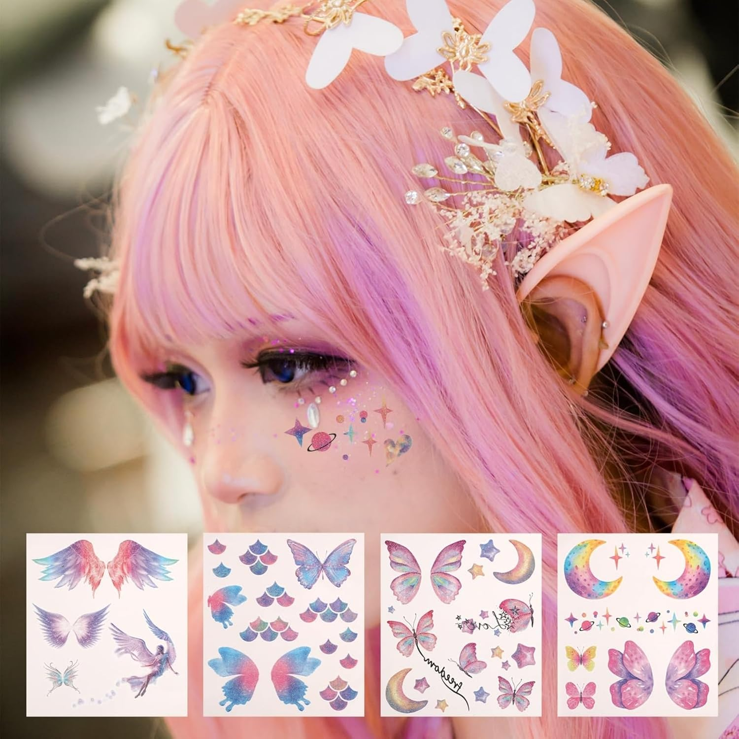 ITADAKU 14 Sheets Glitter Butterfly Tattoos Temporary Stickers Waterproof Butterfly Face Tattoo Glitter Fairy Wings Makeup Fake Tattoos for Girls Fairy Princess Party Birthday Party Favor Gifts image number 6
