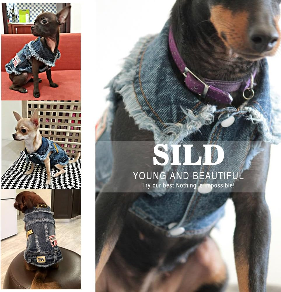 SILD Pet Clothes Dog Jeans Jacket Cool Blue Denim Coat Small Medium Puppy Blue Vintage Washed Clothes Dogs Lapel Vests Classic Hoodies image number 5
