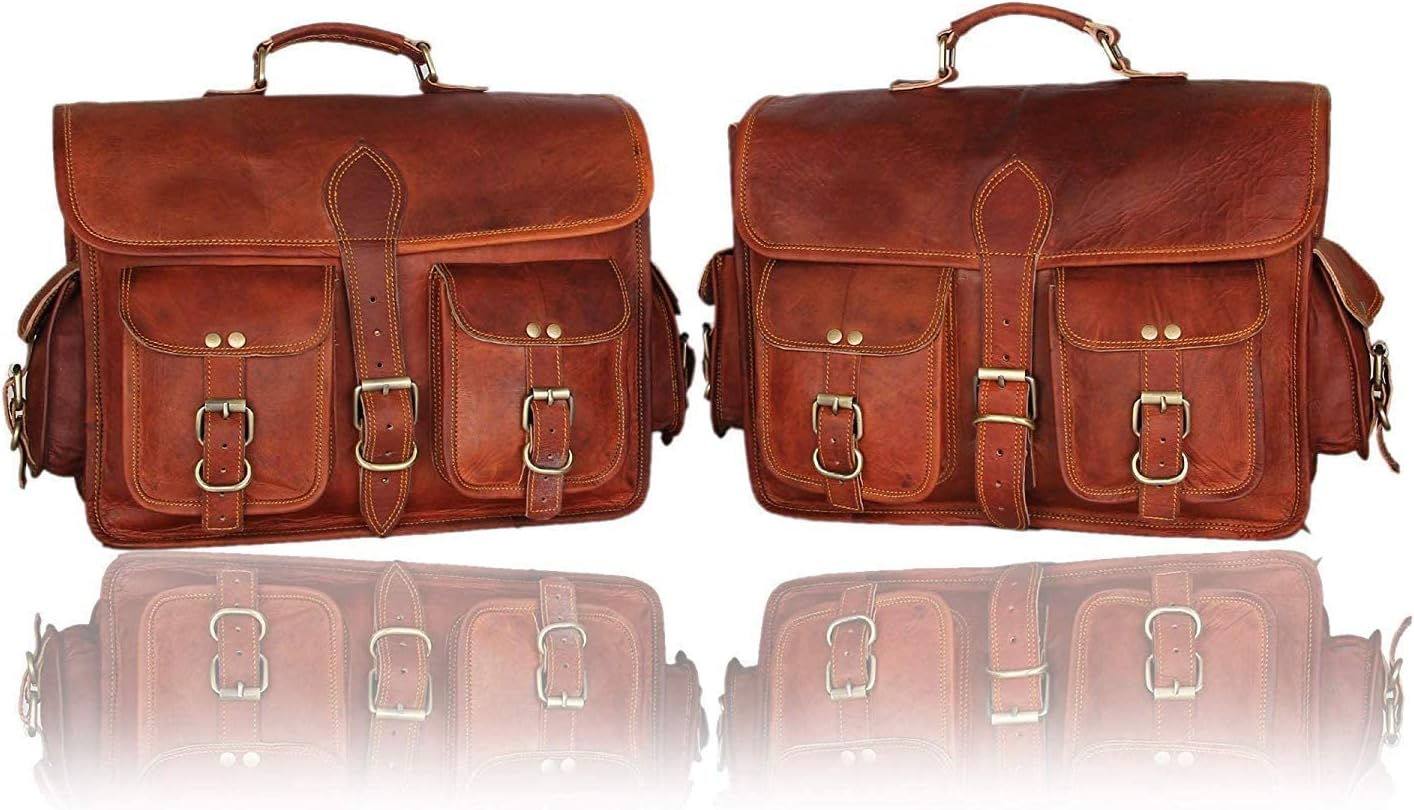 Saddle Bags Motorcycles Bike Powersports Accessories Road Bicycle 15 Inches Pair Leather Brown Scooter Panniers Saddlebags Water Rear Rack Bag for Tool Gear Pouch image number 1