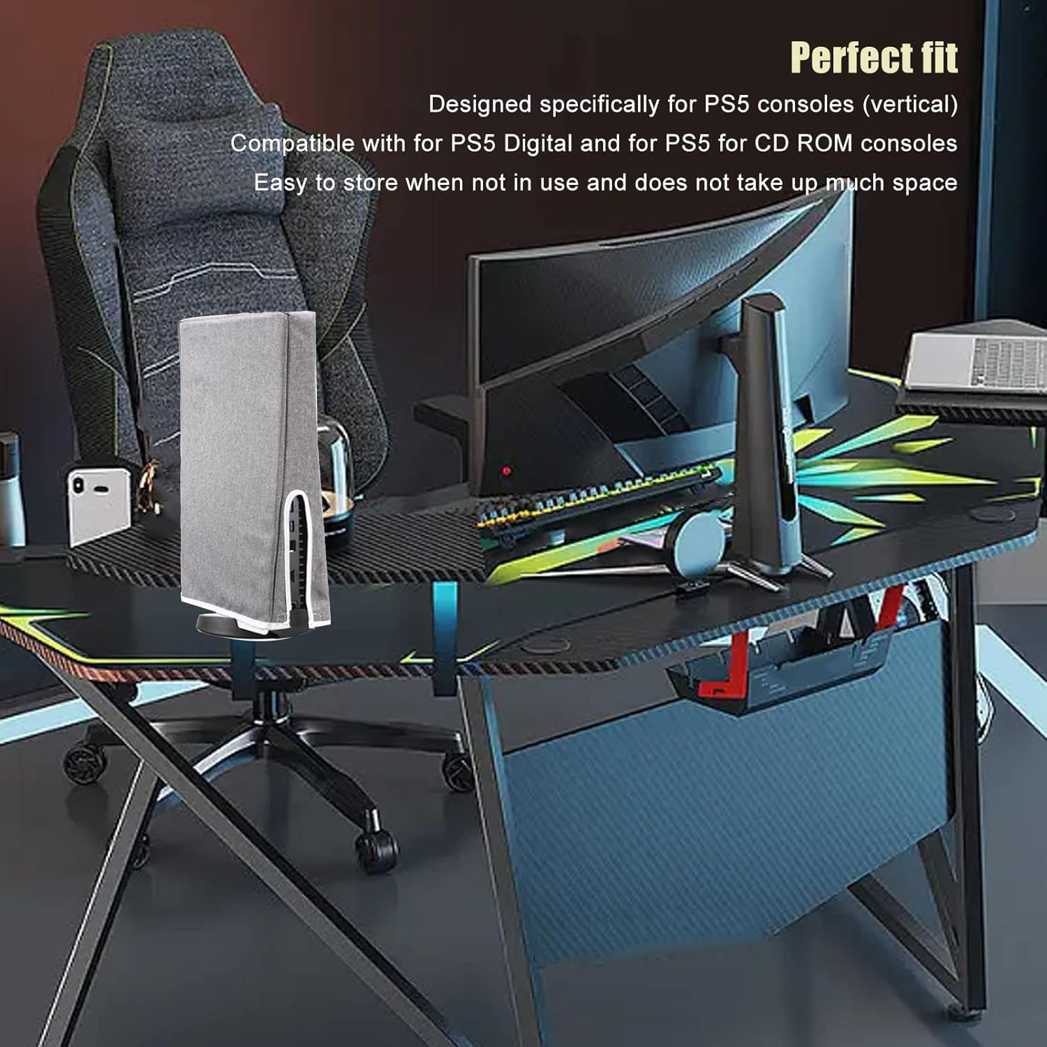 Dust Cover for PS5, Oxford Cloth anti Scratch Waterproof Dust Case for PS5, Game Console Vertical Dust Cover Replacement for Home Gaming Room (Gray) - Gray image number 6