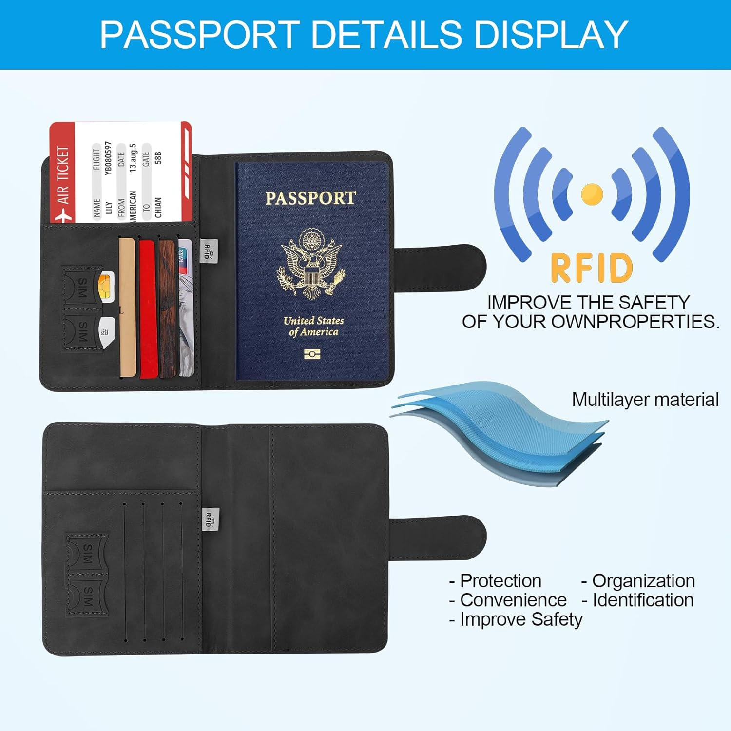 Sovirose Card Wallet, RFID Blocking Credit Card Holder, Leather Travel Passport Wallet, Wallet for ID Cards, Cash for Men, Women, Black, 4.17 Inch X 5.7 Inch, Passport Wallet with Magnetic Buckle image number 4