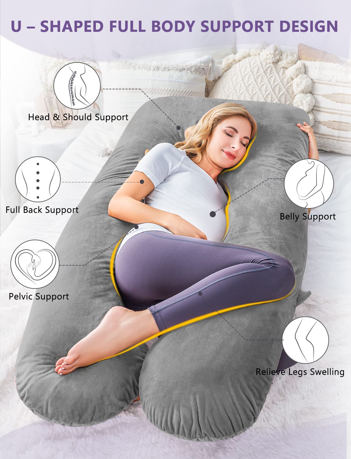 Meiz Pregnancy Pillow, U Shaped Pregnancy Body Pillow with Zipper Removable Cover (Gray- Velvet) image number 1