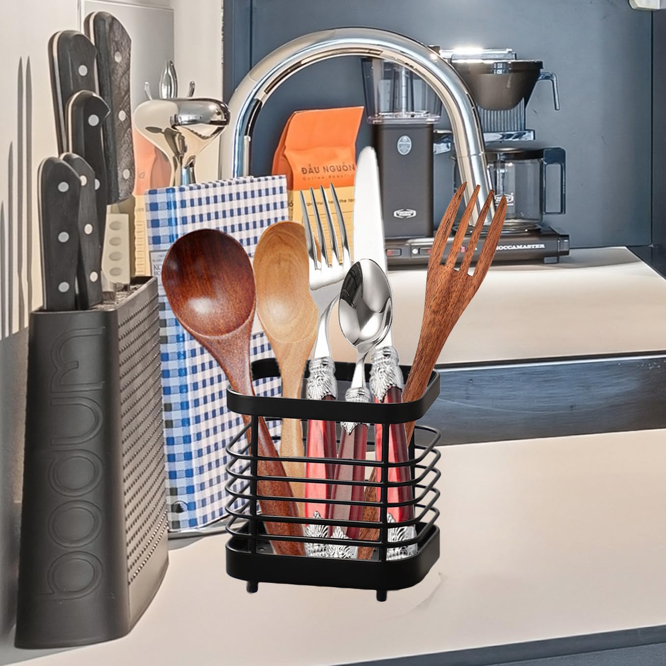 Utensil Holder Kitchen Countertop Organizer, Cutlery Drainer Sink Caddy Dish Drying Rack, Cabinet Silverware Storage Organiser, Stainless Steel, Black(4 In) image number 6