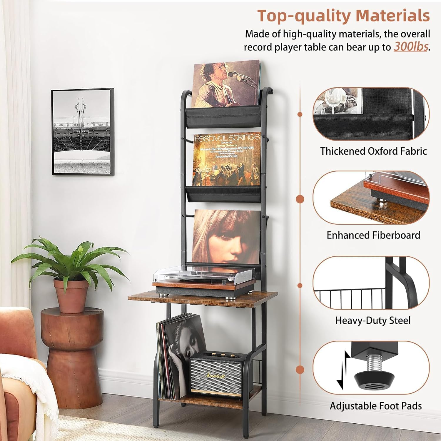Record Player Stand with Vinyl Storage, Record Player Table for up to 200 Albums, Turntable Stand with Record Holder, Vinyl Display Shelf Cabinet Organizer Rack - Blackbrown,Large Size image number 7