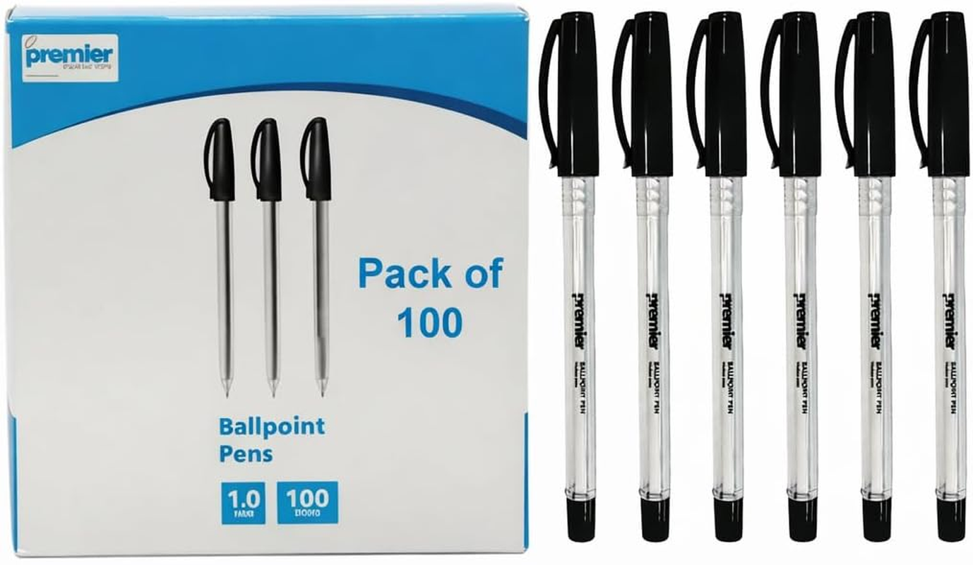 Premier Stationery Ball Point Pen, Black Ink, 1 X 100 Pack (100 Pens) | Smooth Writing | Ideal for Office, School, Exams & Everyday Use