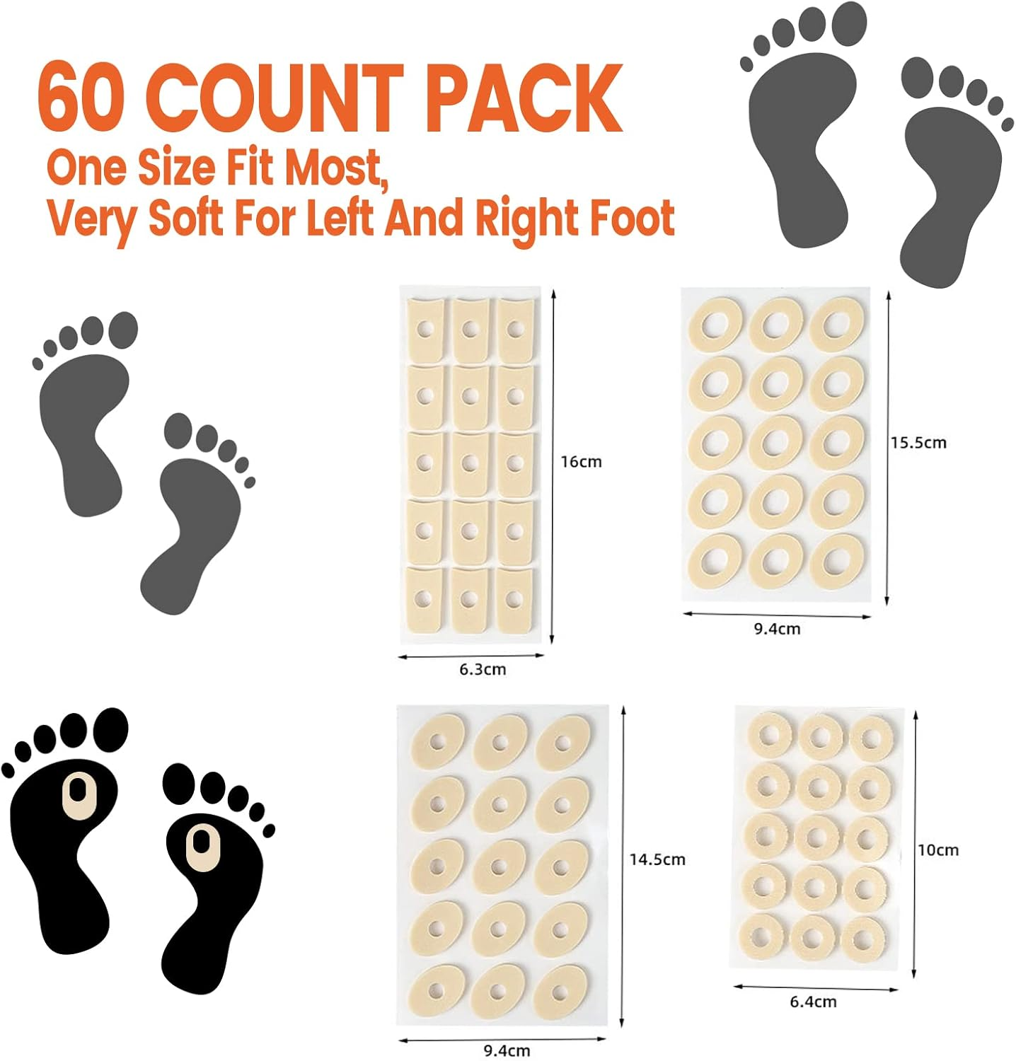 60 Pieces Corn Cushions, Soft Latex Foam Self Adhesive Callus Pads Corn Pad anti Friction Reduce Foot and Heel Pain, 4 Models (60 Pieces) image number 1