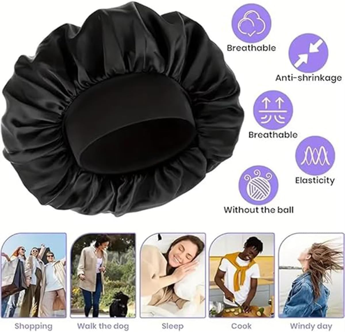 Pack of 2 Satin Hair Caps for Night, Silk Hood for Sleeping with Soft Comfort, Breathable Sleep Cap for Curls and Smooth Hair, Extra Wide Waistband (Black/Silver + 2 Hair Bobbles)