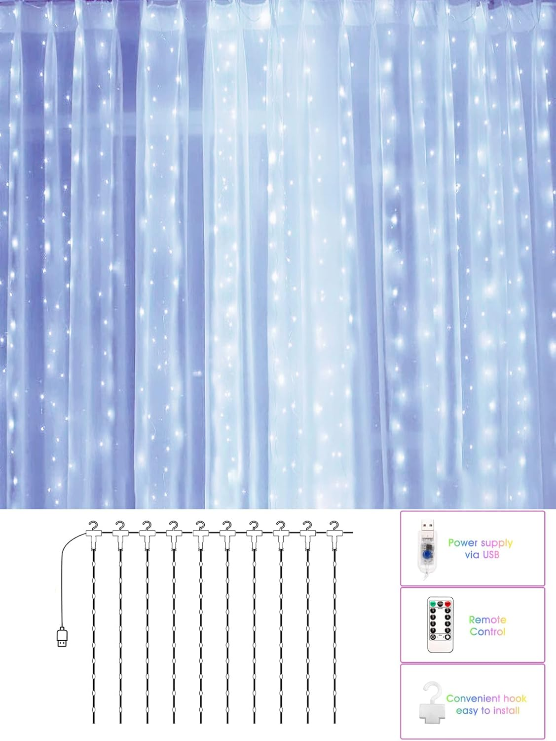 300LED Curtain String Lights,Usb Plug Fairy Curtain Lights in 8 Modes Christmas String Hanging Lights with Remote Controller for Bedroom,Indoor,Outdoor,Weddings,Party,Porch,Birthday Decorations (3*3M) White