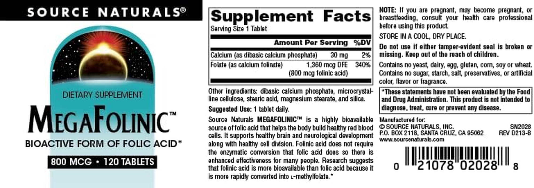Source Naturals Megafolinic 800Mcg - 120 Tablets image number 1