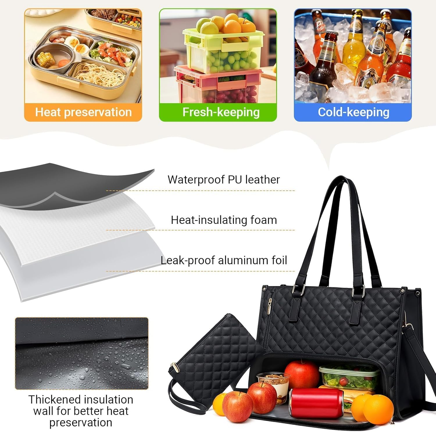 MINYII 2 in 1 Lunch Tote Bag for Women, 15.6 Inch Large Insulated Leakproof Lunch Compartment Bag & Work Tote, Laptop Handbag with Purse for Office, Business, College, Travel - Classic Black image number 2