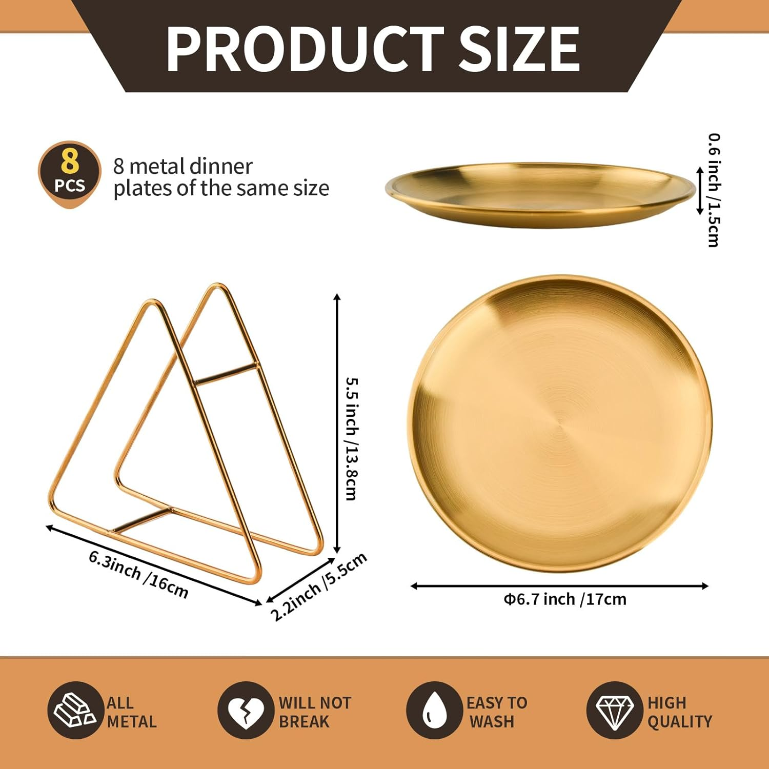 8-Piece 7.8-Inch Appetizer Plate with Stand Set Gold Silver Stainless Steel round Plates Suitable for Cakes Desserts, Salads, Dips, Snacks, Side Dishes (Gold, 7.8Inch) image number 5