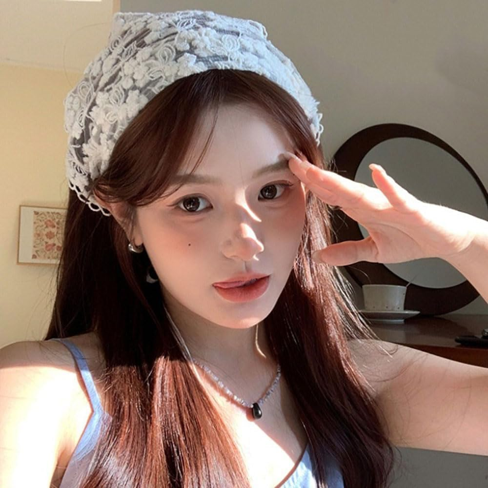 Lace Floral Hair Bandana White Hair Headband Head Scarf for Women Girls Vintage Triangle Head Kerchief Tie-Back Headwraps Flower Hair Scarf Headscarf Bandana Boho Headbands Bandanas for Hair Styling image number 6
