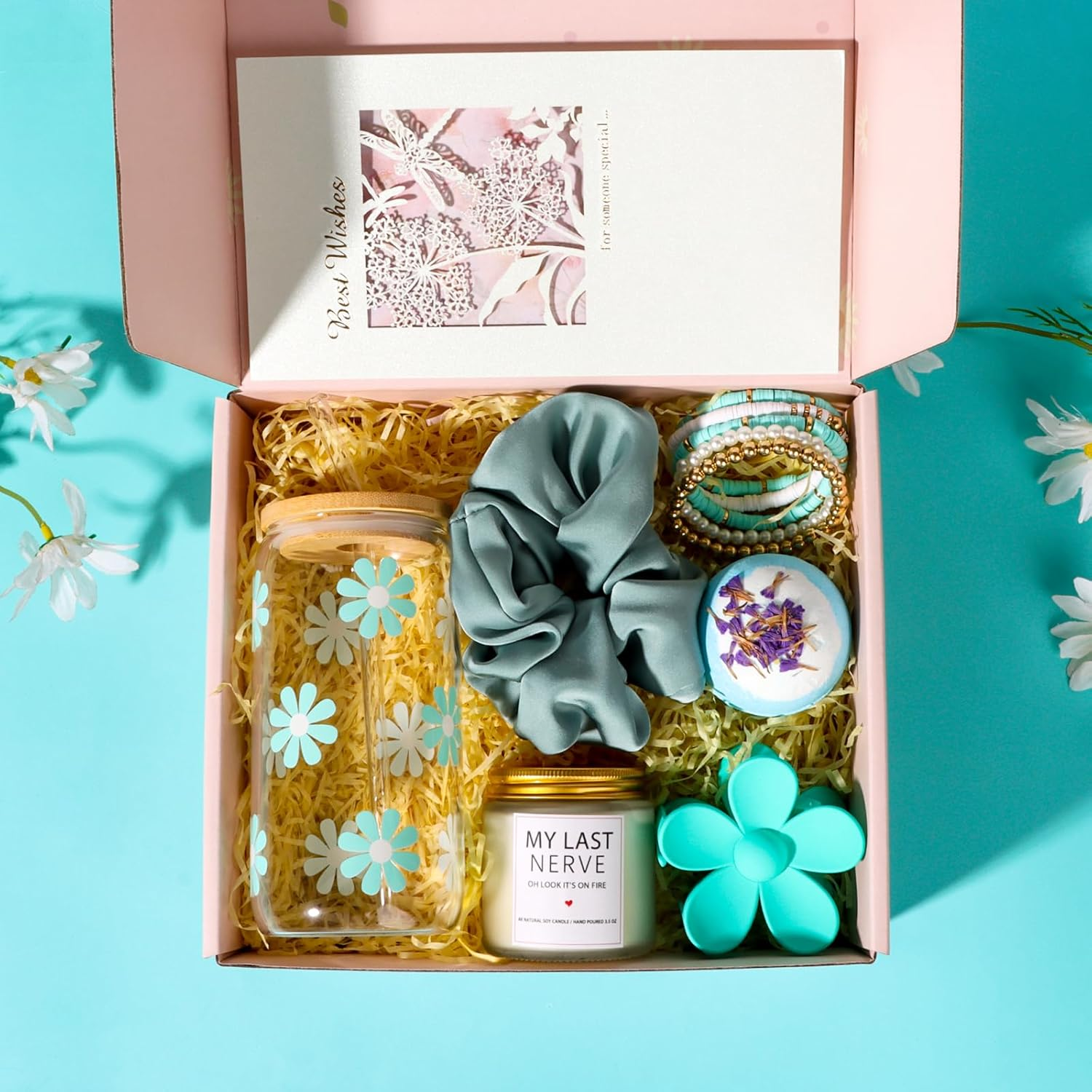 Gifts for Teen Girls，Birthday Gifts for Teen Girls, Girls, Unique Cute Birthday Gifts Box for Girl, Her, Sister, Daughter, Friends, Ideas Cute Daisy Aesthetic Glass Cups Gifts (Beige-Yellow)