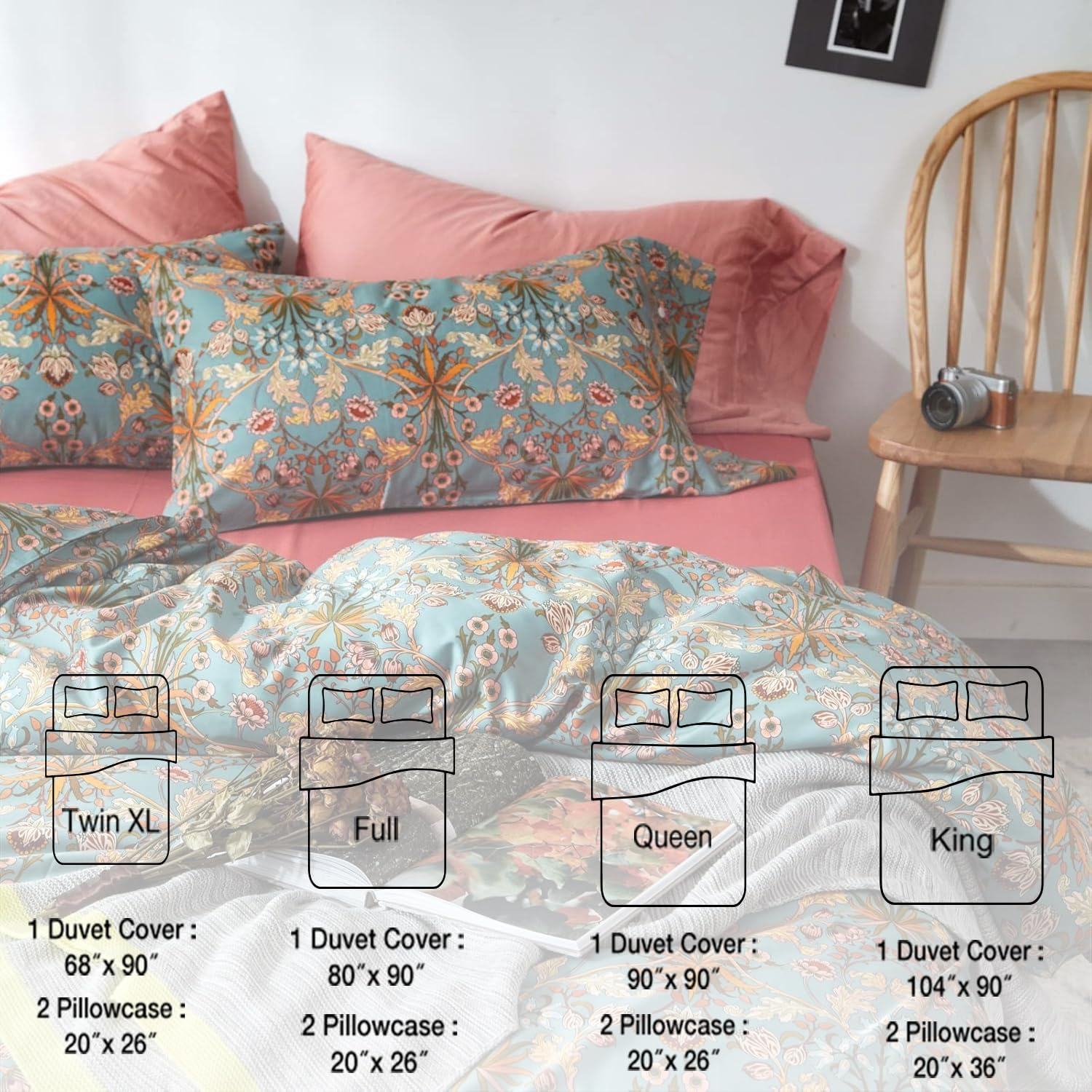 Mixinni Vintage Style Garden Flower Duvet Cover Set with Zipper Closure Long Staple Percale Cotton Yellow Vibrant Pattern on Blue Bedding Quilt Cover Set(King, All Season) image number 2