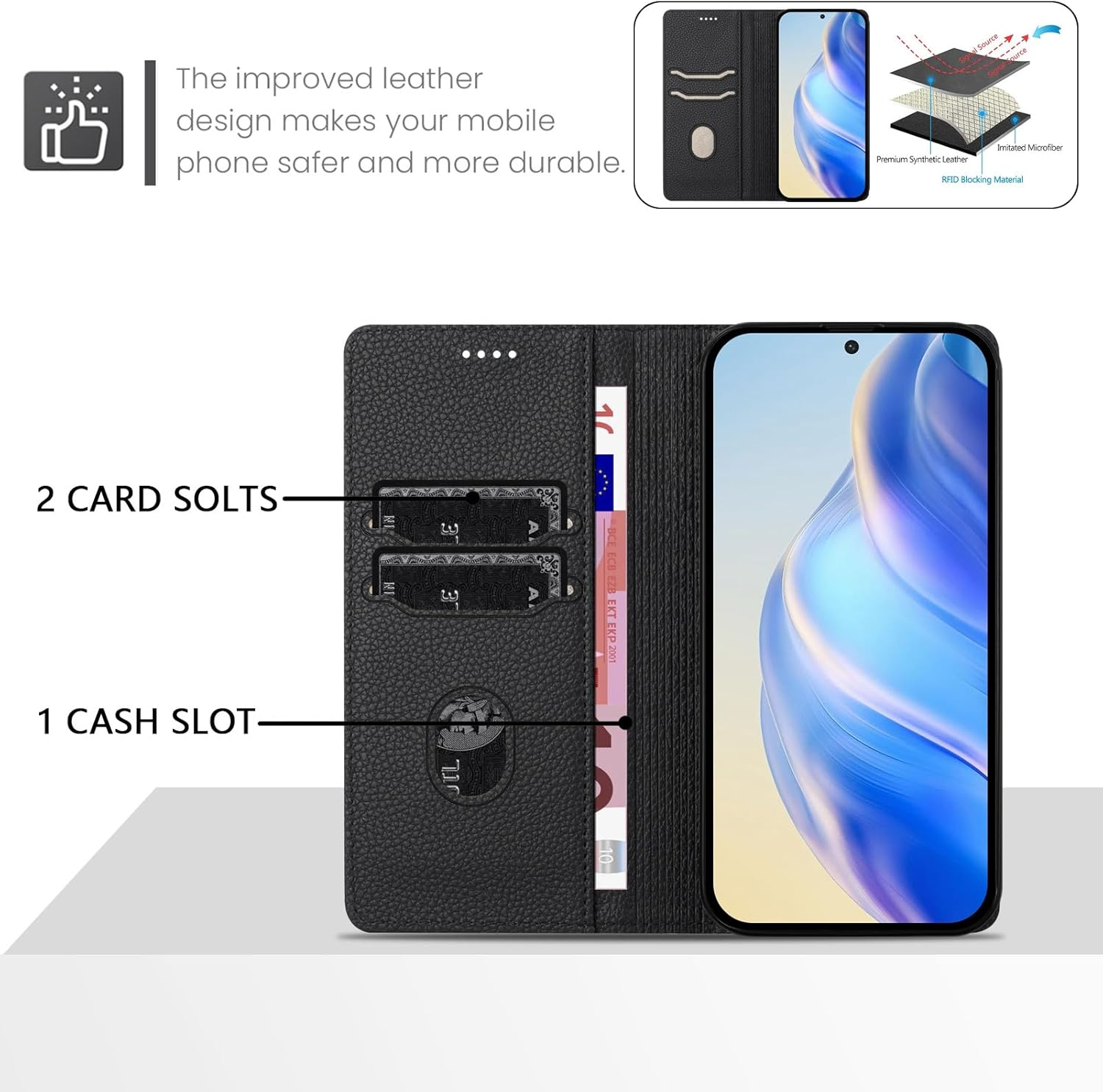 XINYEXIN Leather Case for Google Pixel 9A, PU Leather Flip Case with Card Slot, Stand, Magnetic Folio Mobile Phone Protective Case - Black image number 2