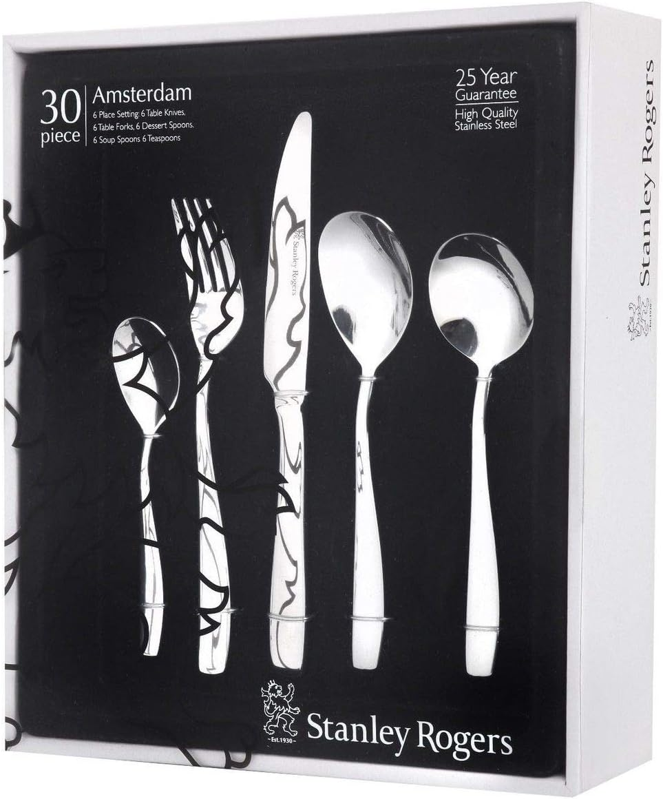 Stanley Rogers Amsterdam Cutlery Set 30 Piece &ndash; Stainless Steel Cutlery Set with Knives, Forks, Spoons and Teaspoons &ndash; Mirror Finish Kitchen Tableware, Ideal Housewarming or Wedding Gift image number 2