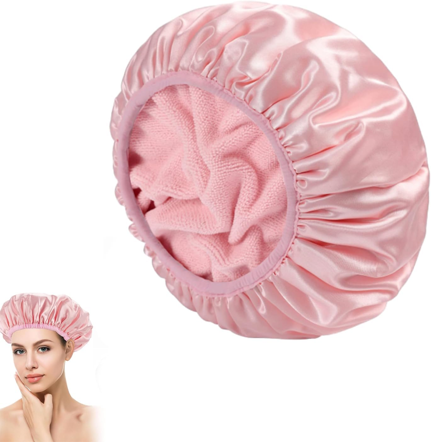Terry Lined Triple Layer Large Shower Cap for Women - Reusable, Waterproof & Washable - Soft Bath Cap for Long Thick Hair Protection - Pink - Ideal for Hair Care & Styling image number 3