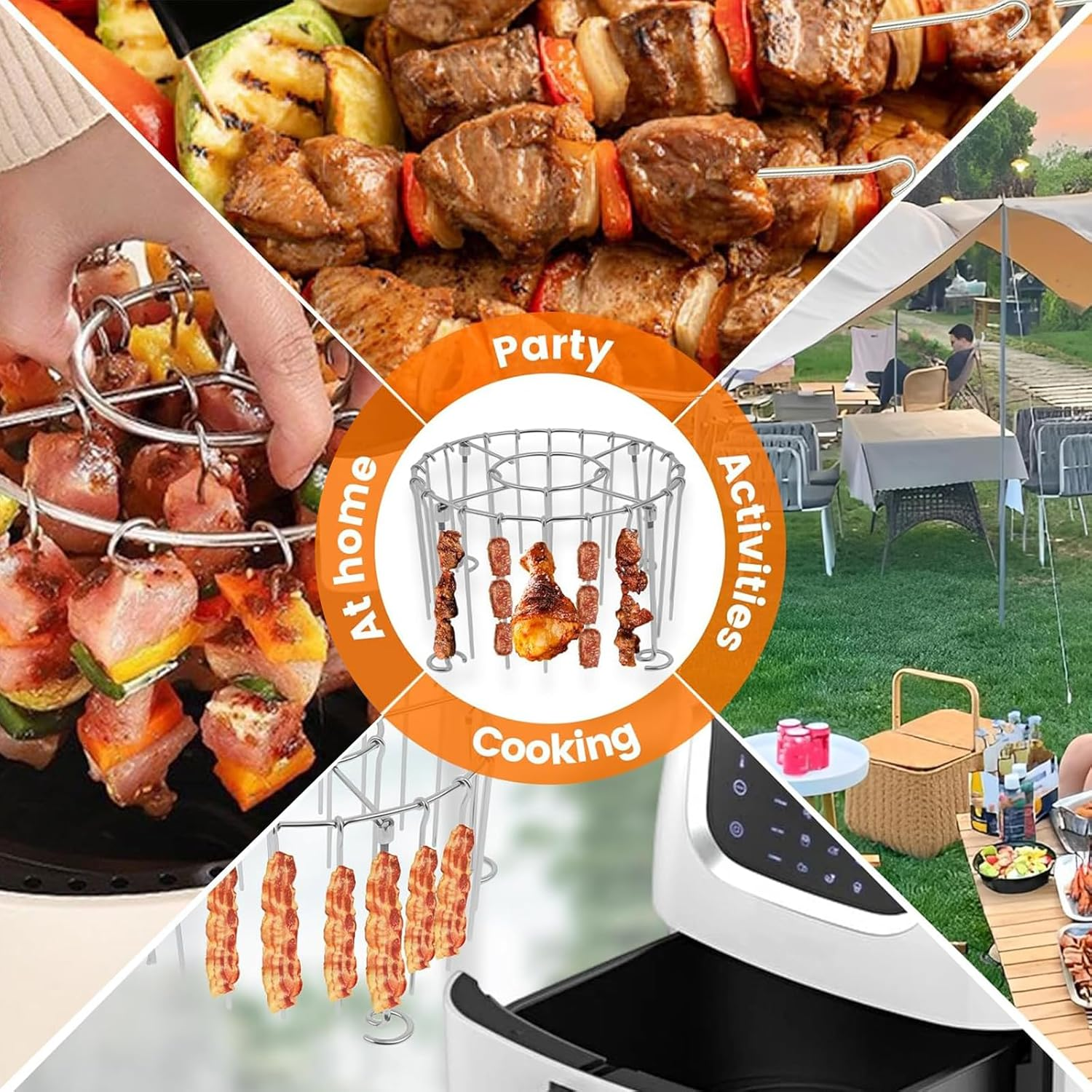 Zalizr Vertical Kebab Skewer Stand with 24 Skewers, Air Fryer Skewer Stand, Lightweight Removable Stainless Steel round Rack for Oven, Grill, BBQ Use, Air Fryer Accessories (16 X 16 X 10.5 CM) image number 5