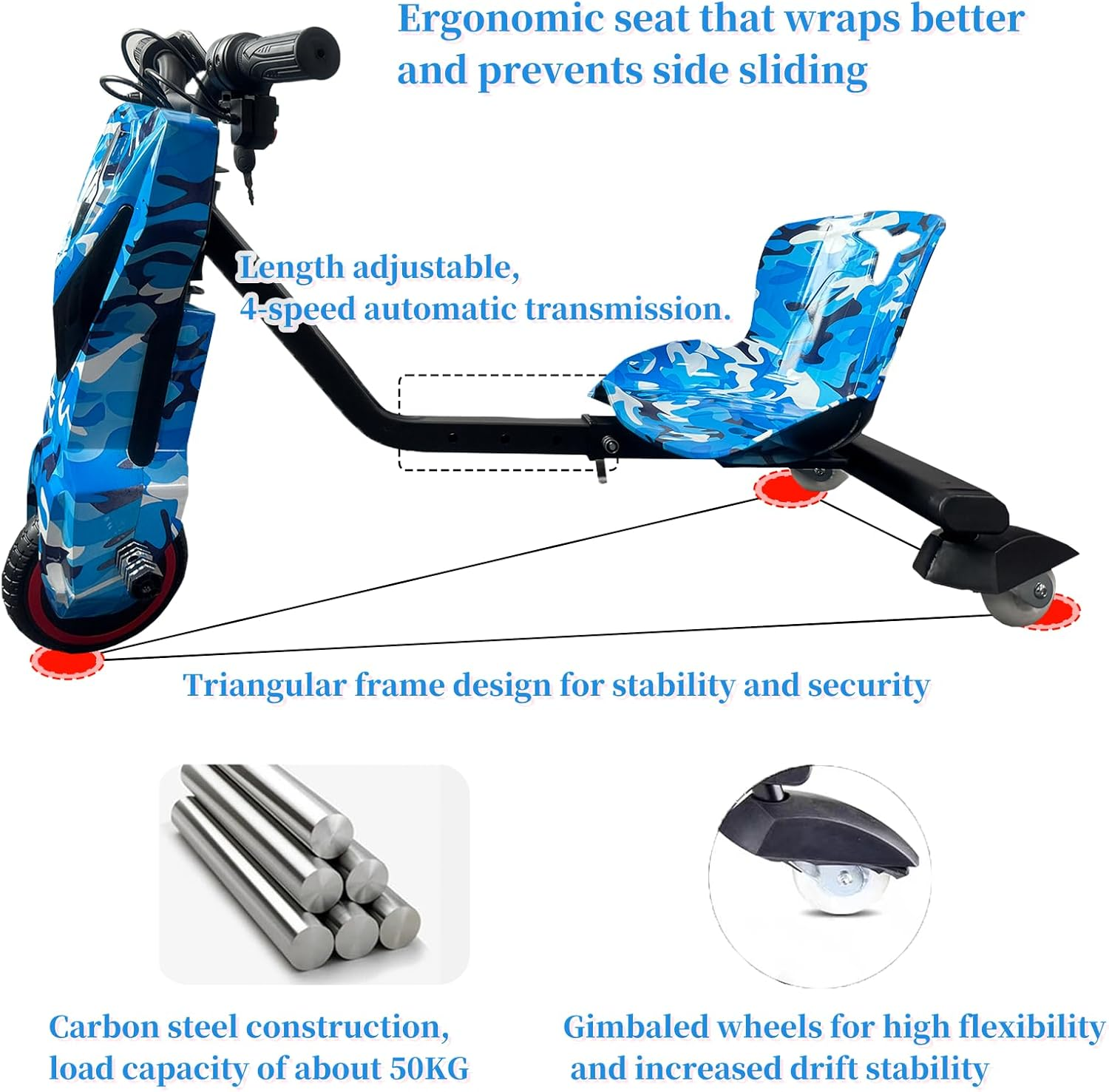 Electric Drift Go Kart &ndash; Kids Ride on Trike, 3-Wheel Electric Drifting Kart with Bluetooth Music, 12-25Km Range, Ideal Gift (Blue) image number 2