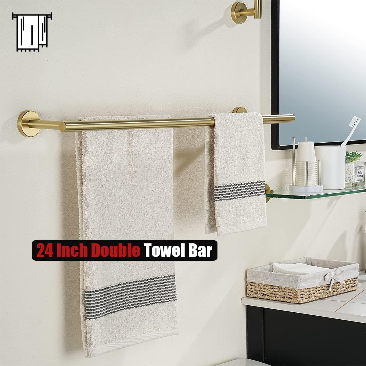 JQK Double Towel Bar, 24 Inch Brass Gold Bath Towel Rack for Bathroom, 304 Stainless Steel Thicken 0.8Mm Towel Holder Wall Mount Brushed Gold, Total Length 27.16 Inch, TB100L24-BG image number 2