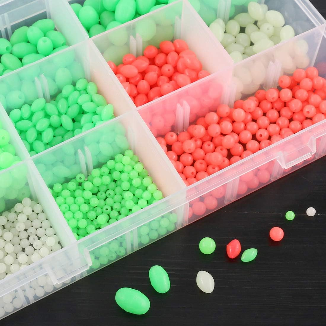 1050 Pcs 9 Sizes All Luminous Fishing Beads Assorted Soft Plastic Oval round Shaped Glow Eggs for Stream Pool Lake River Fishing (All Glow in the Dark) image number 2